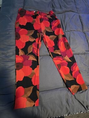 Trina Turk Red and Black Floral-Accent Pants